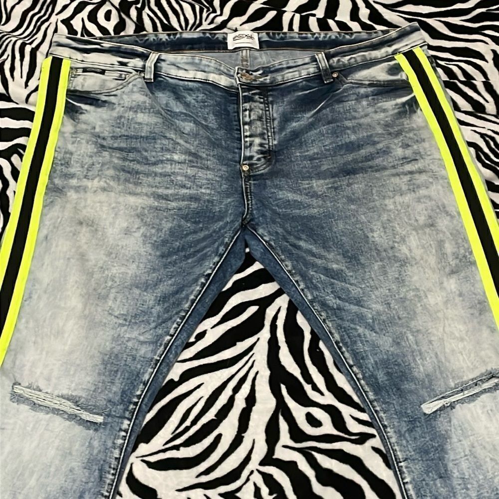 Mackeen market men’s striped neon green ripped skinny jeans Y2K acid wash size42 - Picture 2 of 14